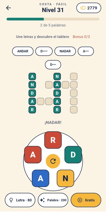 Nivel 31 de Rueda de Letras: tablero de crucigrama y rueda de letras